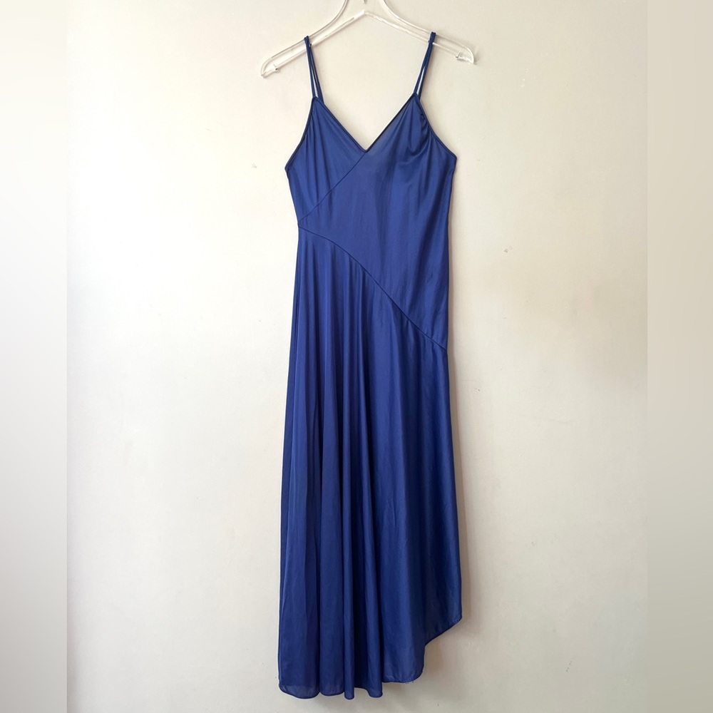 Vintage 70s Shiny Cobalt Blue Nylon Disco Asymmetrical Maxi Nightgown Dress